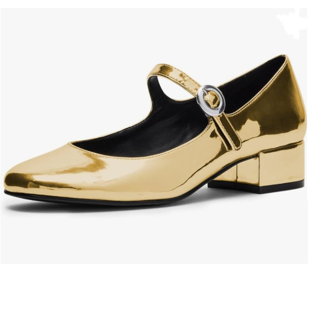 Milooey shoes Gold Round Toe Mary Jane Low Block Heel Pumps Ankle Strap Shoes